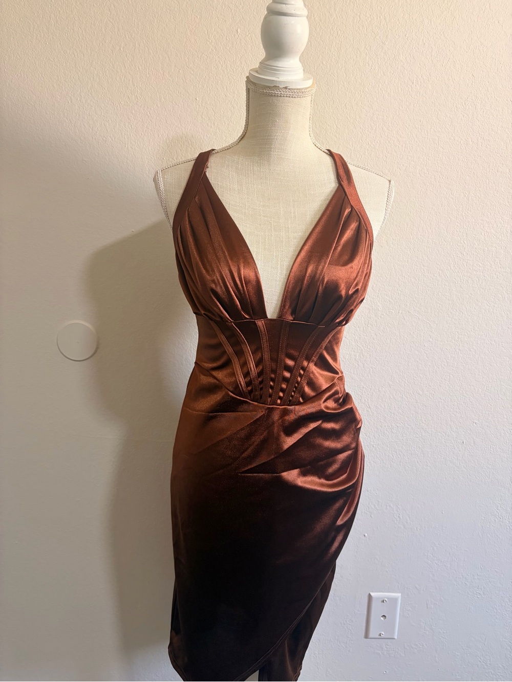 Satin Copper-Brown Plunge Midi Dress